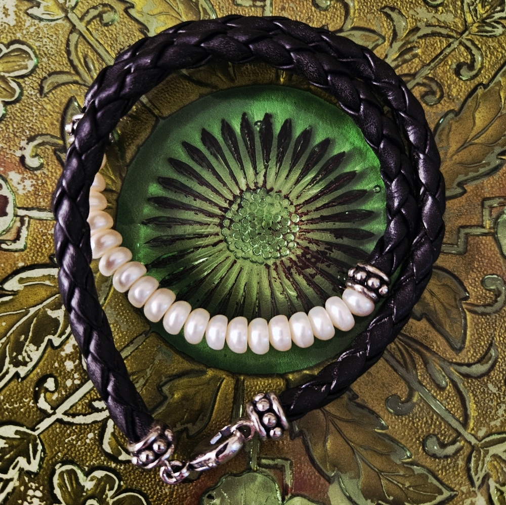 VTG Style Braided Genuine Leather Cord 925 Sterling Silver Accents & Pearls 17"L